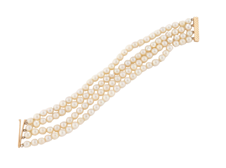 Bracciale con perle coltivate Akoya quatre chiusura in oro a righe