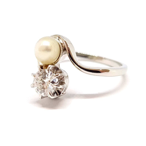 Anello 57 Anello Toi & Moi in oro bianco 18 carati e platino, diamante e perla 58 Facettes