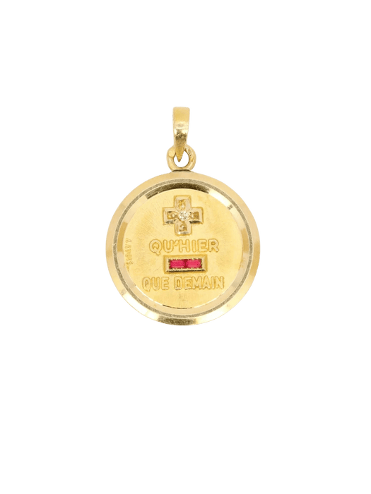 Pendentif AUGIS - Médaille amour ronde Plus qu'hier moins que demain or jaune diamant rubis 58 Facettes J623