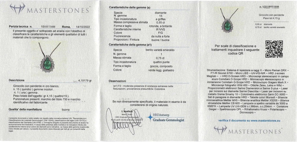 Collier Collier - Pendentif en or blanc 18 ct avec émeraude de Colombie et diamants 58 Facettes 12482