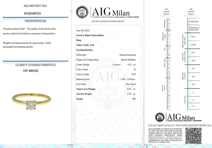 Bague 54 Bague solitaire - Diamant 0,51 ct en or jaune 14 kt 58 Facettes 12121