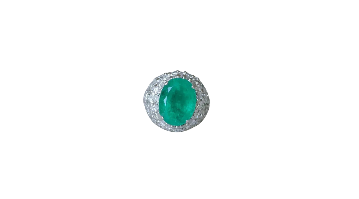 Anello cocktail in oro bianco, smeraldo colombiano, diamanti