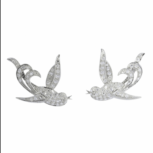 Boucles d'oreilles Boucles d'oreilles vintage Birds of Paradise, vers 1950 – Élégance joyeuse en diamants et platine 58 Facettes