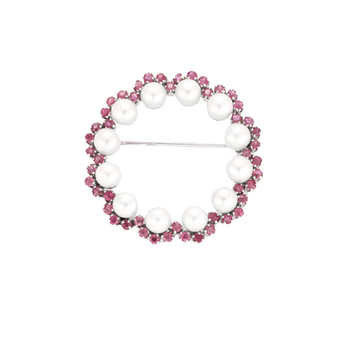 Broche Broche or blanc sertie de perles de culture et saphirs roses 58 Facettes