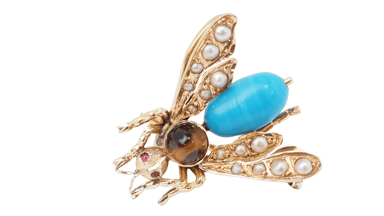 Broche Broche mouche en or jaune turquoise, oeil de tigre et perles fines 58 Facettes 32820