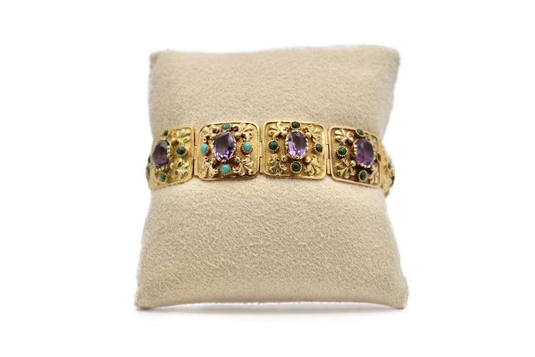 Bracelet Bracelet ancien en or jaune 18K améthystes et turquoises 58 Facettes REF2224-24
