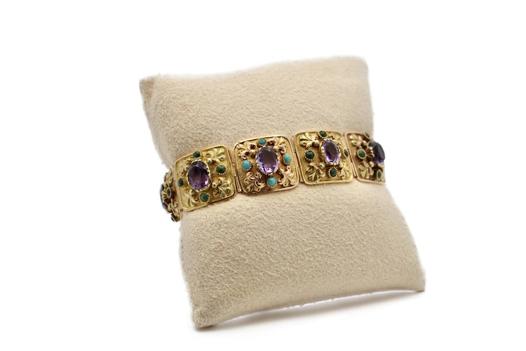 Bracelet Bracelet ancien en or jaune 18K améthystes et turquoises 58 Facettes REF2224-24