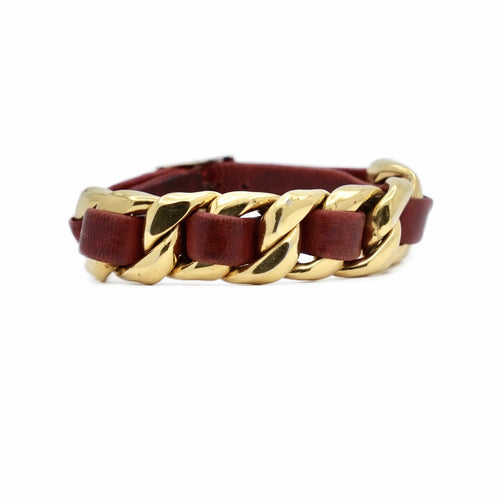 Bracelet Chanel - Bracelet gourmette vintage en métal doré et cuir bordeaux 58 Facettes REF23107-129