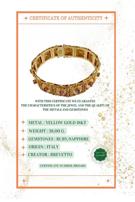 Bracciale Retro Brevetto in oro giallo, rubini e zaffiri