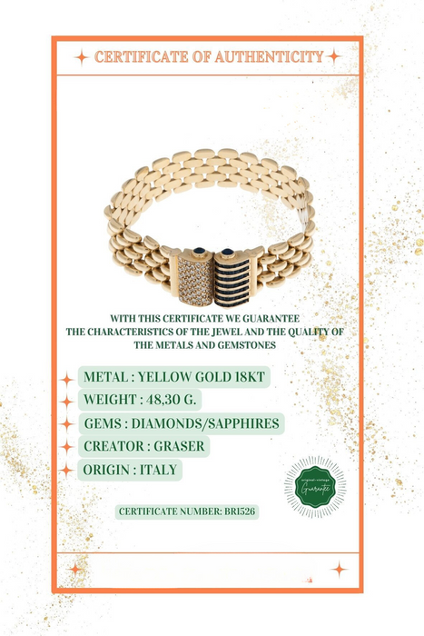Retro armband in geel goud met diamanten en saffieren