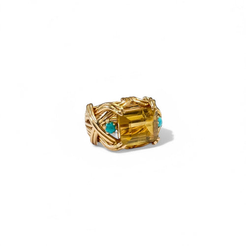 Bague 53 Bague cocktail en or jaune 18k, citrine et turquoises 58 Facettes