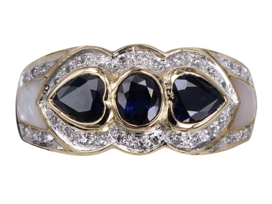Art Deco geelgouden ring met saffieren, parels en diamanten