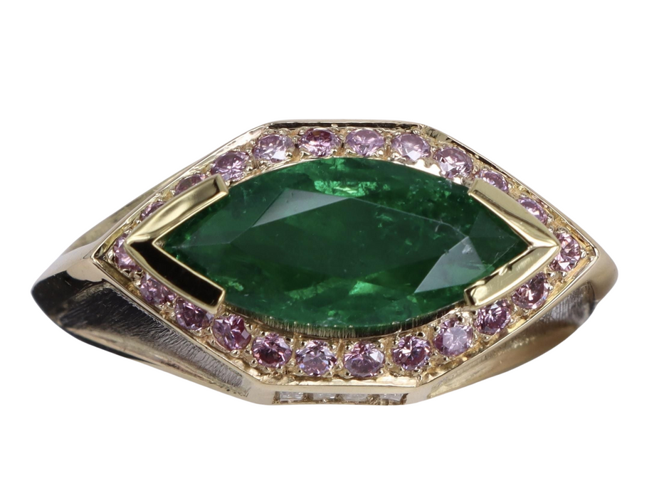Statement-Ring aus Gelbgold mit Marquise-Smaragd und rosafarbenem Diamant