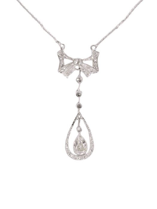 Collier Collier noeud Belle Epoque or blanc diamant poire taille ancienne 58 Facettes J542