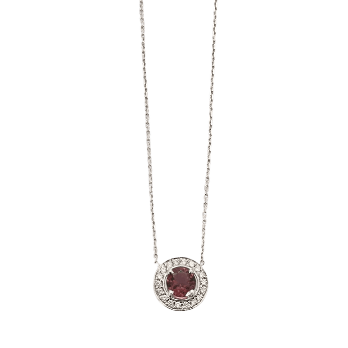 Collier Collier pendentif or blanc tourmaline rose diamants en halo 58 Facettes