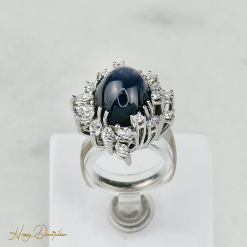 Bague 53.5 Bague en or blanc 750 avec saphir étoilé 15 ct et diamants 58 Facettes 1864