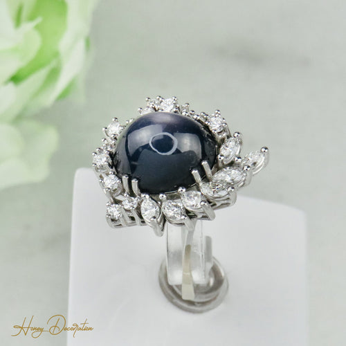 Bague 53.5 Bague en or blanc 750 avec saphir étoilé 15 ct et diamants 58 Facettes 1864