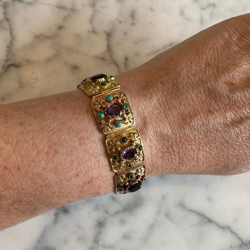 Bracelet Bracelet ancien en or jaune 18K améthystes et turquoises 58 Facettes REF2224-24
