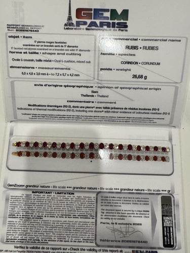 Certificat GEM Paris Bracelet VCA 17 rubis 58 Facettes