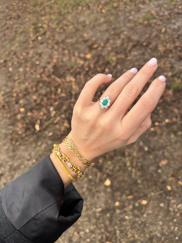 Prsten 53,5 Starý shlukový prsten ze zlata 18k, kolumbijský smaragd a diamanty 58 Facettes