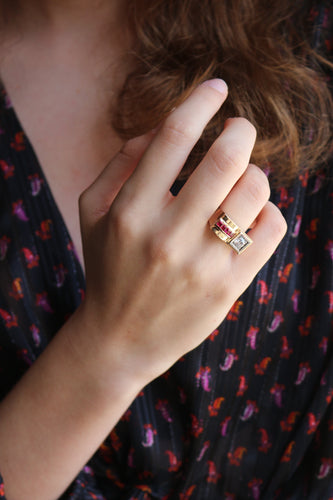 Bague 50 / diamant Bague Tank Diamant Et Pierres Rouges 58 Facettes 505