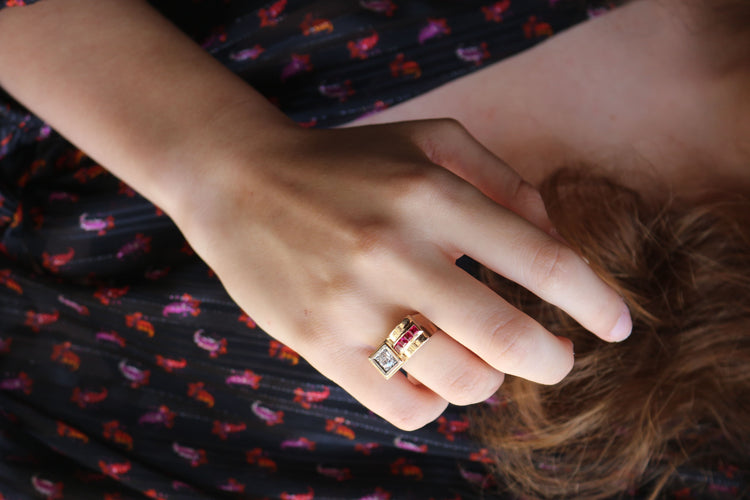 Bague 50 / diamant Bague Tank Diamant Et Pierres Rouges 58 Facettes 505