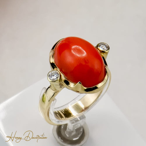 Пръстен 59 Пръстен с корал и диаманти от жълто злато 585 58 Facettes 2659