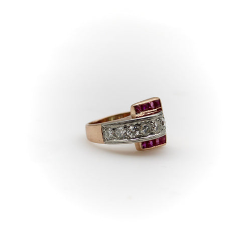 Bague Bague boucle rétro en or rose 14K avec diamants et rubis 58 Facettes