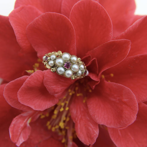 Bague 55 Bague fleur victorienne en or 15K avec perles et rubis 58 Facettes A2001A