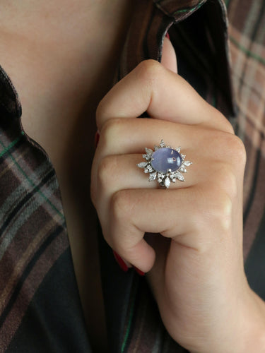 Bague 51.5 Bague marguerite en platine, saphir étoilé de Ceylan 12,34 ct et diamants 58 Facettes 1131.1