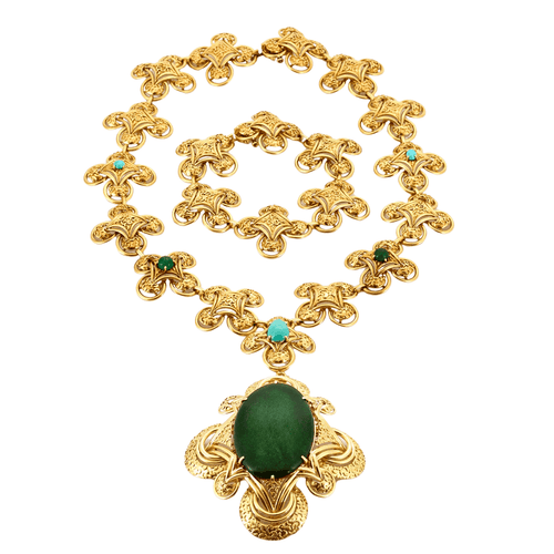 Collier M. Gérard - Sautoir transformable en or jaune 18k, émeraudes, turquoises et émail 58 Facettes