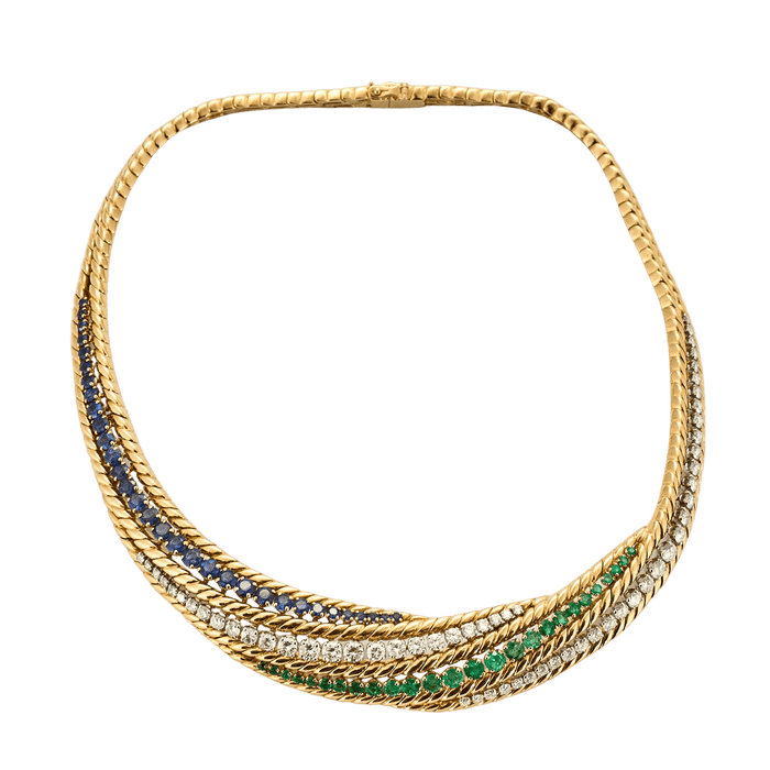 Collier MAUBOUSSIN - Demie parure or jaune émeraudes, diamants, saphirs : collier + BO 58 Facettes