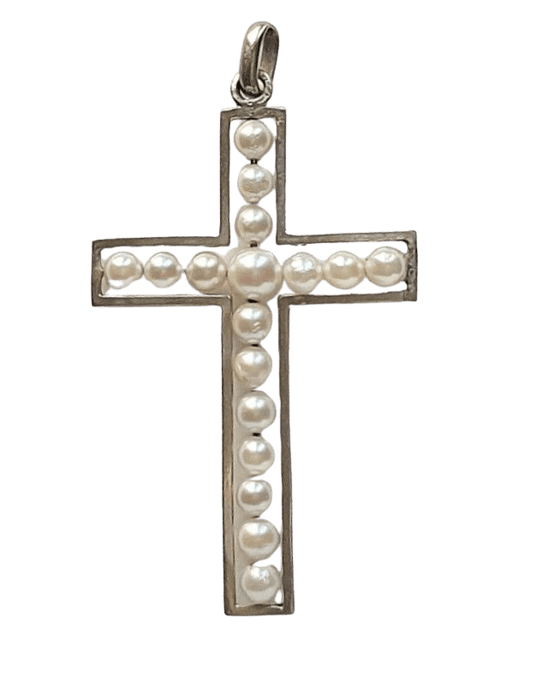 Pendentif Croix Art Déco or blanc et perles 58 Facettes C 373   MD22