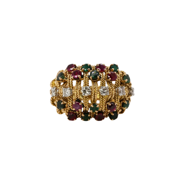Ring with braided gold threads, diamonds, rubies and emeralds