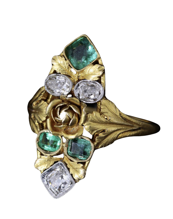 Art Nouveau gold, emerald and diamond marquise ring
