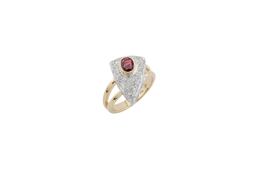 Ring in yellow gold and white gold with ruby and pavé diamonds