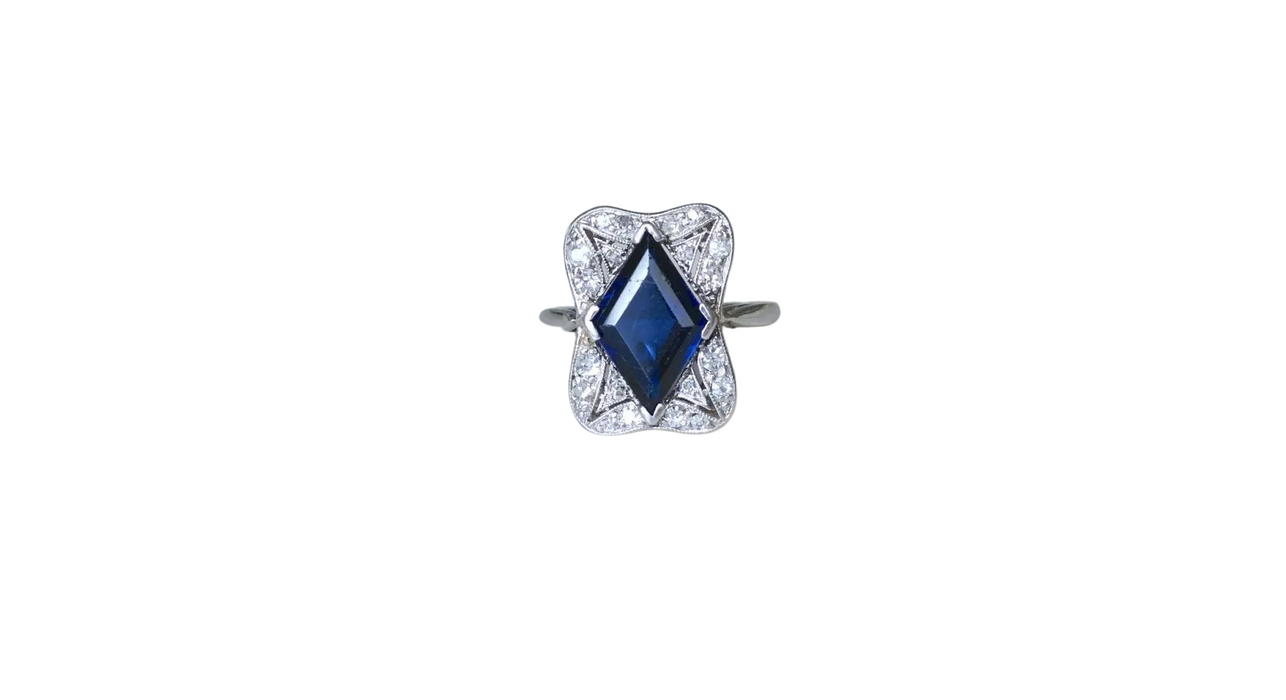 Ring Art Deco Diamant Synthetische saffier en diamanten