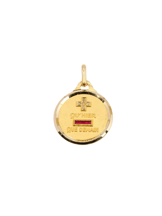 Pendentif AUGIS - Médaille amour grand modèle plus qu'hier moins que demain or jaune diamant rubis 58 Facettes J481