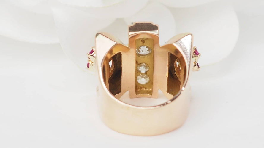 Bague 53 Bague tank en or jaune 18 kt, rubis et diamants 58 Facettes 32887