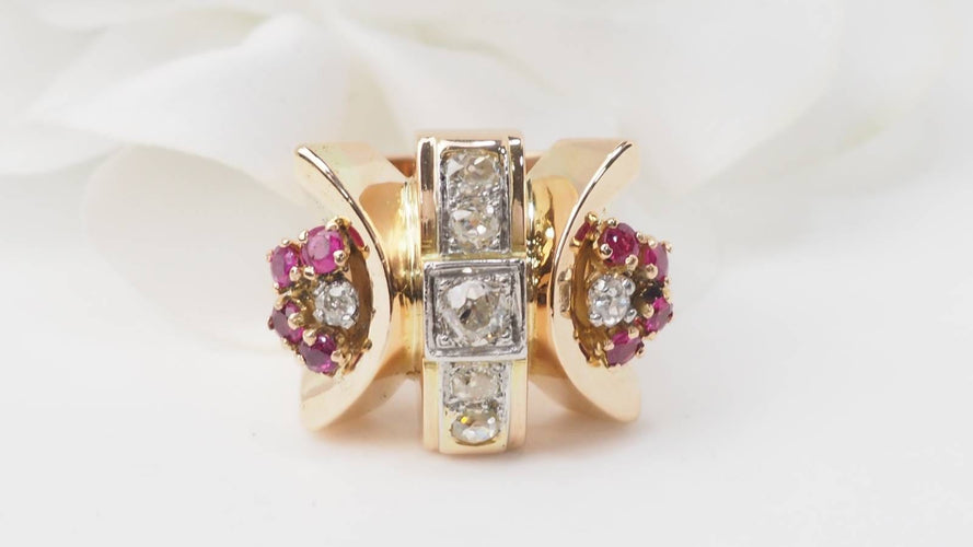 Bague 53 Bague tank en or jaune 18 kt, rubis et diamants 58 Facettes 32887