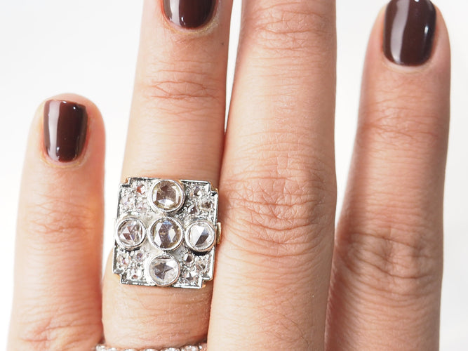 Bague 50 Bague ancienne en or jaune 18 ct et platine 900, diamants 58 Facettes 33539