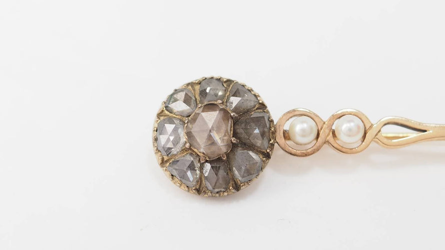 Broche Broche barrette ancienne en or jaune 18 ct, diamants et perles de culture 58 Facettes 32320