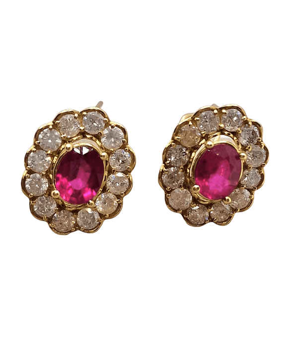 Pendientes cluster en oro amarillo de 18k, rubíes y diamantes