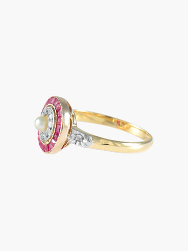 Bague 53 Bague Cible Art Déco en or jaune 18 carats, diamants et rubis 58 Facettes BO/220012