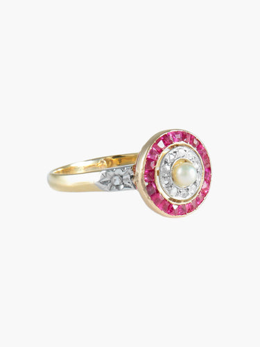 Bague 53 Bague Cible Art Déco en or jaune 18 carats, diamants et rubis 58 Facettes BO/220012