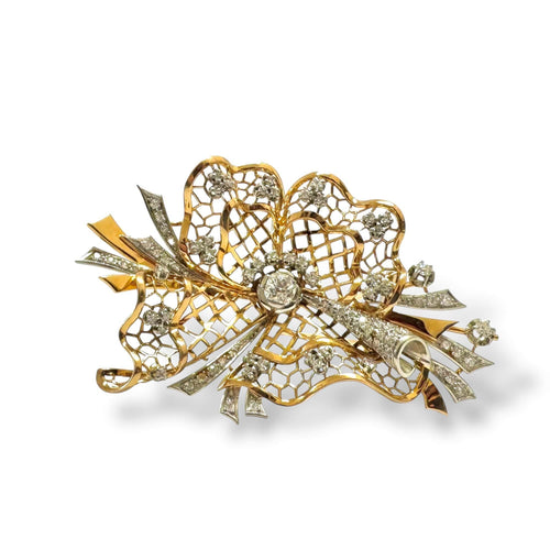 Broche Broche nœud dentelle en or jaune-rosé 18K, platine et diamants 58 Facettes REF2539CF-306