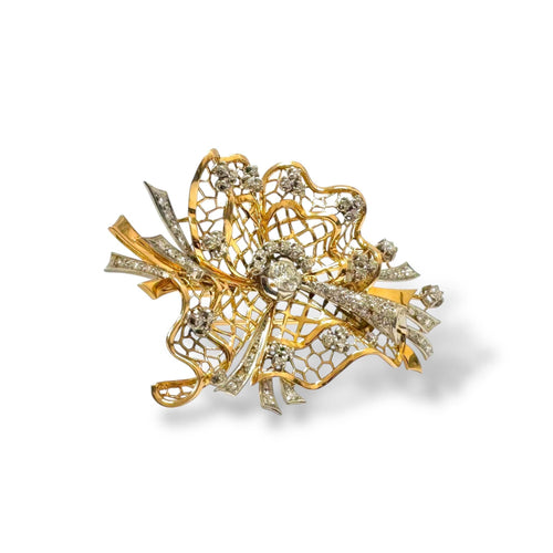 Broche Broche nœud dentelle en or jaune-rosé 18K, platine et diamants 58 Facettes REF2539CF-306