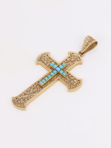 Pendentif Art Nouveau - Pendentif croix en or jaune 18 carats et turquoises 58 Facettes 1190.6