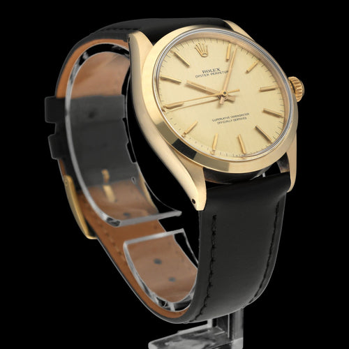 Rolex Oyster Perpetual 34 Uhr Ref. 1002 - Uhr aus Gelbgold, gebürstetes Goldzifferblatt 58 Facettes ROL/OOP/187