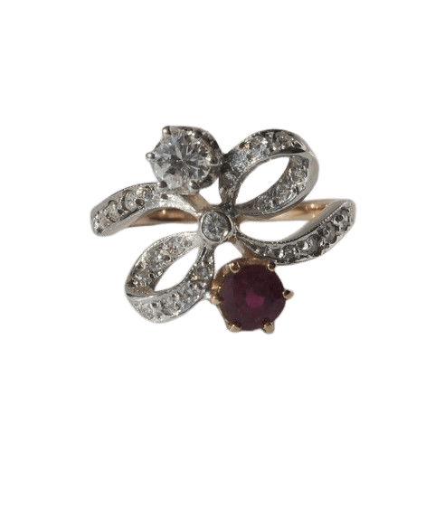 Belle Epoque Knotenring Rubin Diamanten Roségold Platin